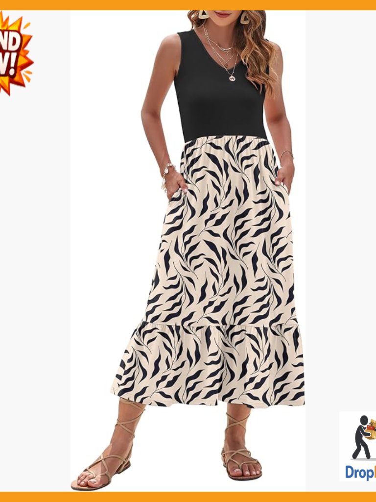 Sleeveless V Neck Maxi Dress Tiered Casual Sundress With Pockets Summer